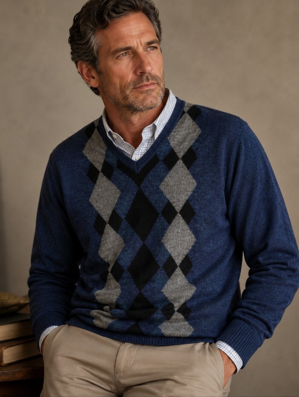J Ferrar Mens XL Merino Wool Argyle Sweater Blue V Neck Old Money Preppy Heritag